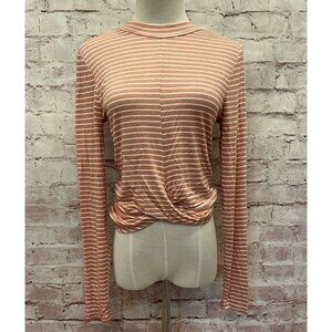AMBIANCE Apparel Womens Shirt Long Sleeve Twist Hem Top Mauve Pink Stripe Size M
